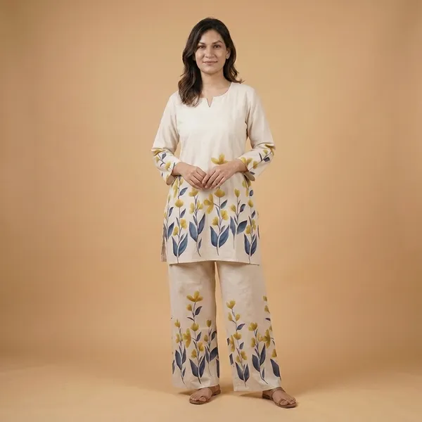 White_Premium_Khadi_Cotton_Floral_Printed_Co-Ord_Set_For_Women
