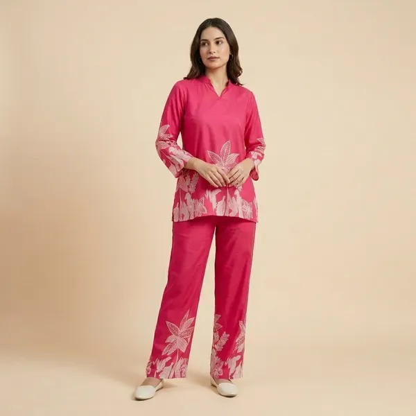 Pink_Premium_Cotton_Blend_Tropical_Print_Co-Ord_Set_For_Women