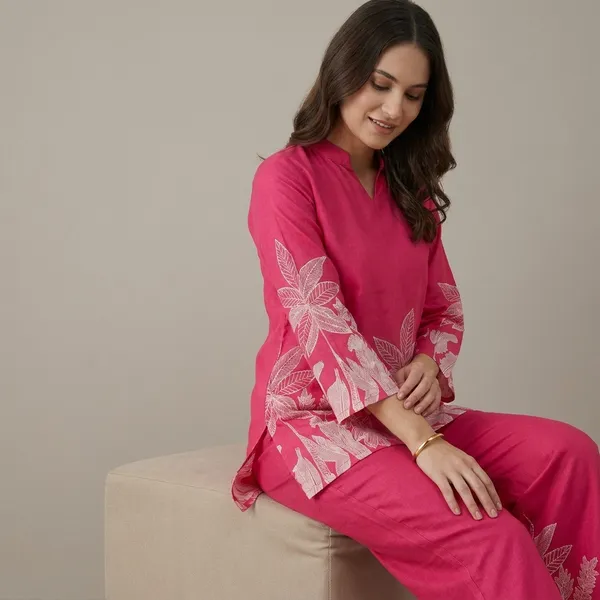 Pink_Premium_Cotton_Blend_Tropical_Print_Co-Ord_Set_For_Women
