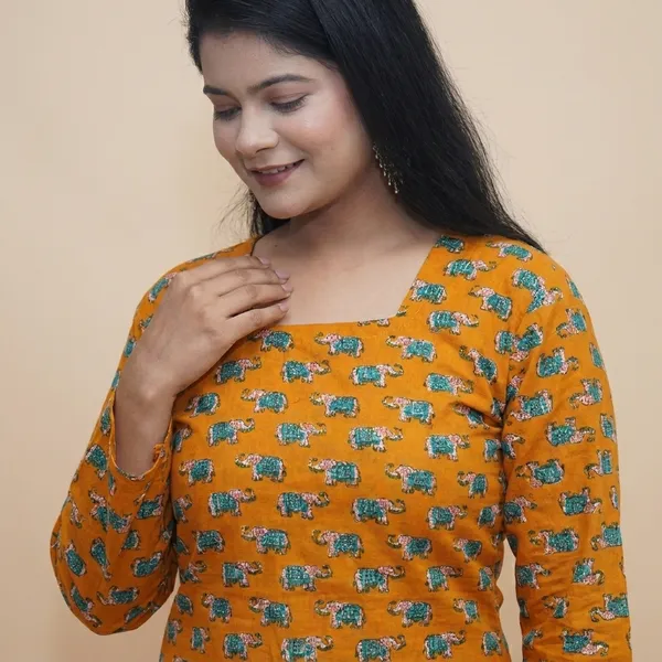 Yellow_Premium_Cotton_Elephant_Print_Kurti_For_Women