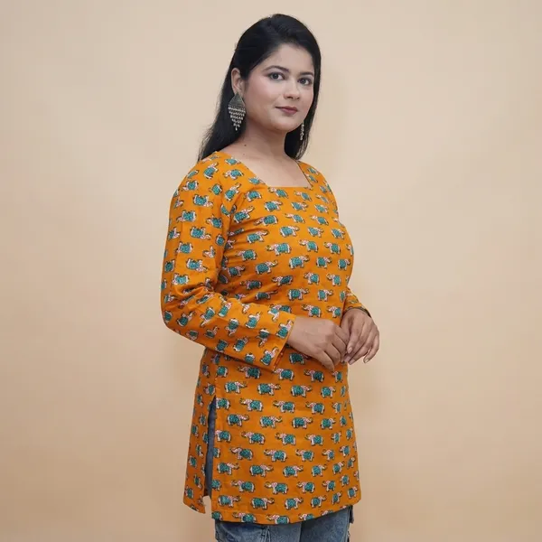 Yellow_Premium_Cotton_Elephant_Print_Kurti_For_Women
