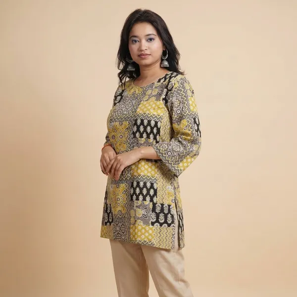 Yellow_Premium_Cotton_Ajrakh_Patchwork_Kurti_For_Women
