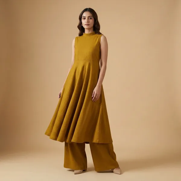 Mustard_Yellow_Premium_Cotton_Sleeveless_Flared_Kurta_With_Palazzo_Set_For_Women
