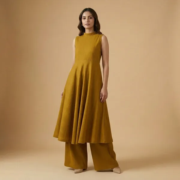 Mustard_Yellow_Premium_Cotton_Sleeveless_Flared_Kurta_With_Palazzo_Set_For_Women