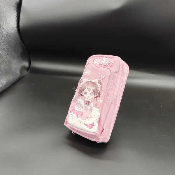 Pink_Polyester_Multi-Compartment_Pencil_Case_For_Kids