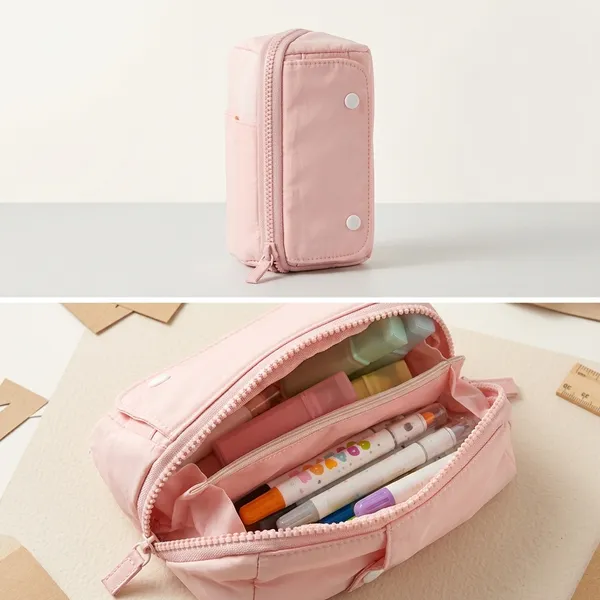 Pink_Polyester_Multi-Compartment_Pencil_Case_Pouch_For_Kids