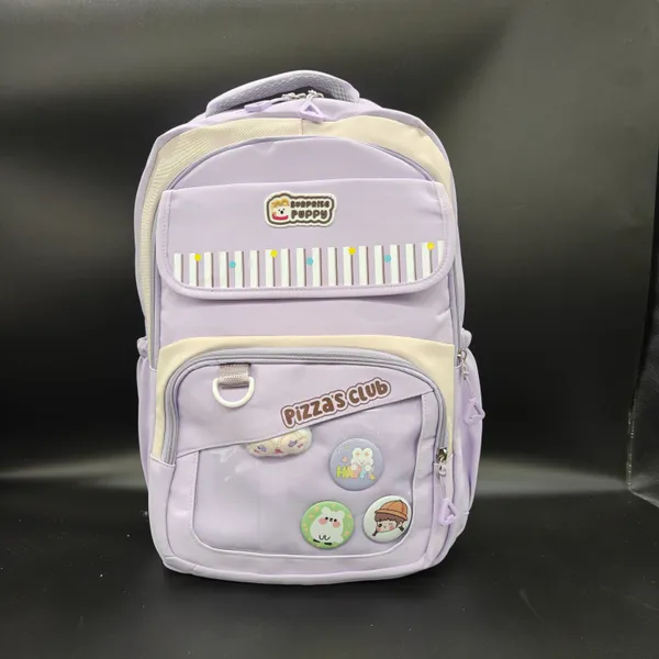 Lavender_Purple_Polyester_Pizza_Club_Patch_Striped_Backpack_For_Kids