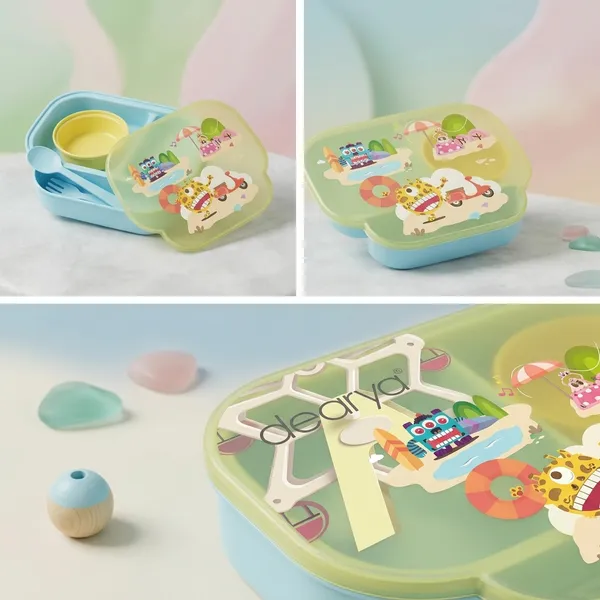 Green_Plastic_Steel_Divided_Compartment_Kids_Lunch_Box_With_Cutlery