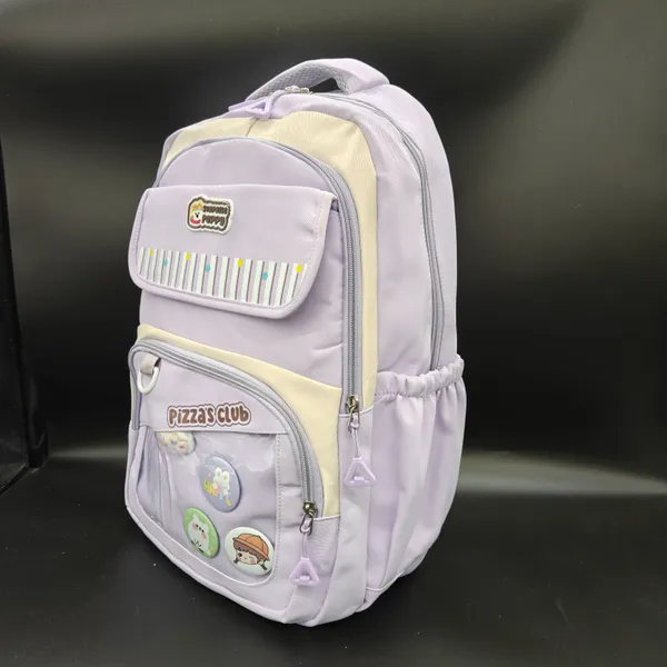 Lavender_Purple_Polyester_Pizza_Club_Patch_Striped_Backpack_For_Kids