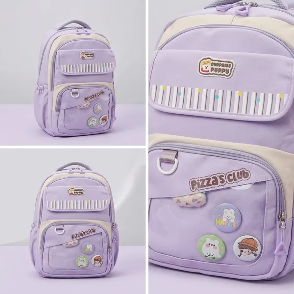 Lavender_Purple_Polyester_Pizza_Club_Patch_Striped_Backpack_For_Kids