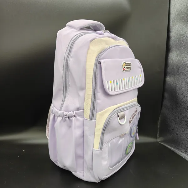 Lavender_Purple_Polyester_Pizza_Club_Patch_Striped_Backpack_For_Kids