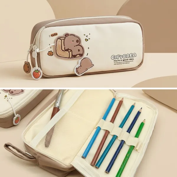 Beige_Polyester_Capybara_Print_Pencil_Pouch_For_Kids