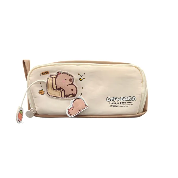 Beige_Polyester_Capybara_Print_Pencil_Pouch_For_Kids