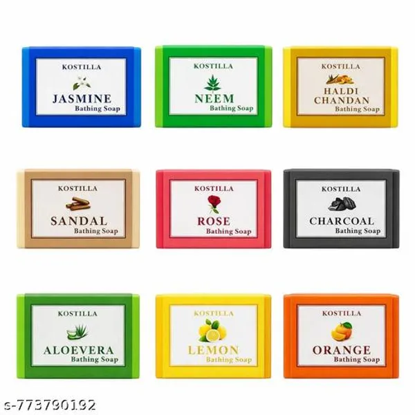 Kostilla_Bathing_Soap_Combo_Pack_Of_9_Charcoal_Haldi_Chandan_Jasmine_Lemon_Neem_Orange_Sandal_Aloe_Vera_Rose_For_All_Skin_Types