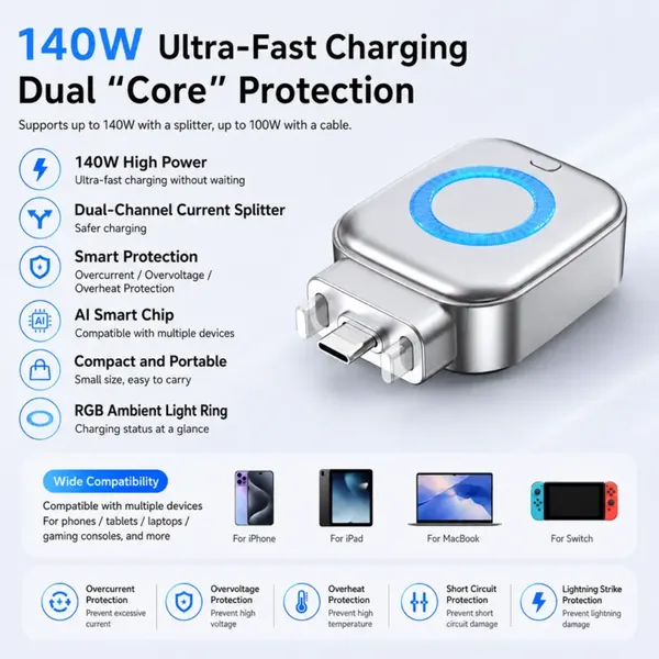 Auto_Disconnect_at_Full_Charge_AI_Smart_Recognition_140W_Fast_Charging_Dual_Chip_Physical_Disconnect_Separator_for_Phone,_Tablet,_Power_bank,_Earphones_etc.