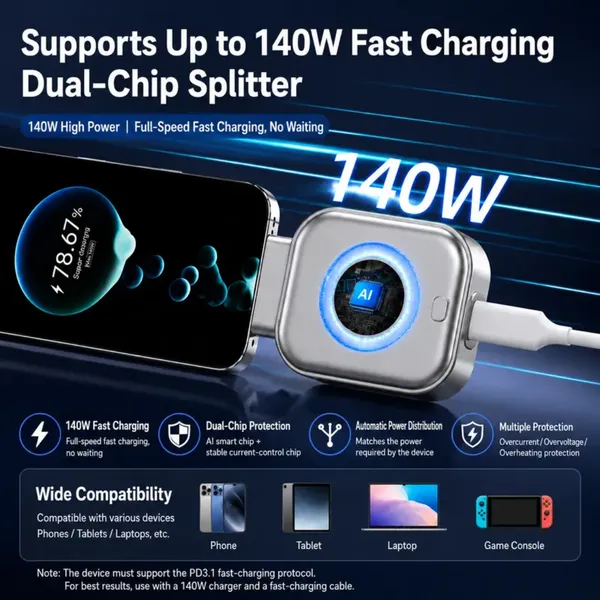 Auto_Disconnect_at_Full_Charge_AI_Smart_Recognition_140W_Fast_Charging_Dual_Chip_Physical_Disconnect_Separator_for_Phone,_Tablet,_Power_bank,_Earphones_etc.