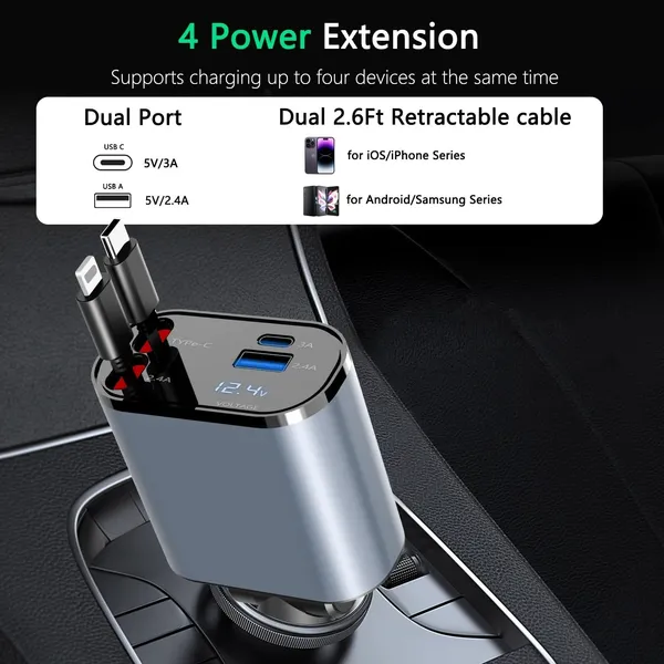 Retractable_Car_Charger_100W_Fast_Charging_4_In_1_Phone_Charger_Adapter_Retractable_Cables_2_Feet_For_Iphone_And_Type_C_Cigarette_Lighter_Adapter