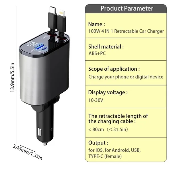 Retractable_Car_Charger_100W_Fast_Charging_4_In_1_Phone_Charger_Adapter_Retractable_Cables_2_Feet_For_Iphone_And_Type_C_Cigarette_Lighter_Adapter