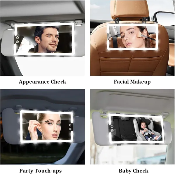 3_In_1_Sun_Visor_Vanity_Car_Interior_Mirror_With_Big_Led_3_Light_Modes_100_Leds_Rechargeable_Makeup_Mirror_Dimmable_Touch_Control_Universal_For_Rear_View_Large_Size_Wider_Vision_Hd