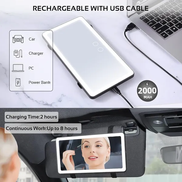 3_In_1_Sun_Visor_Vanity_Car_Interior_Mirror_With_Big_Led_3_Light_Modes_100_Leds_Rechargeable_Makeup_Mirror_Dimmable_Touch_Control_Universal_For_Rear_View_Large_Size_Wider_Vision_Hd