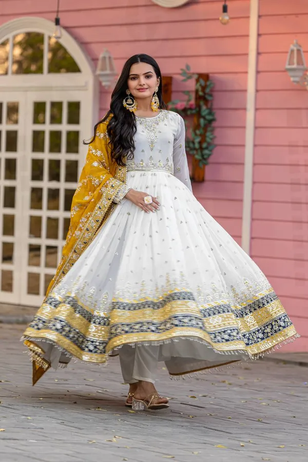 White_With_Mustard_Yellow_Dupatta_Cotton_Anarkali_Suit_Set_For_Women