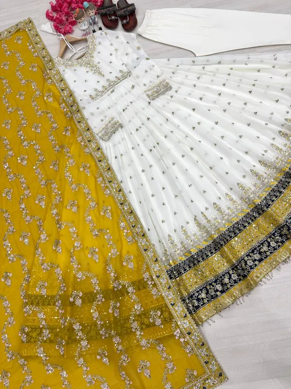 White_With_Mustard_Yellow_Dupatta_Cotton_Anarkali_Suit_Set_For_Women
