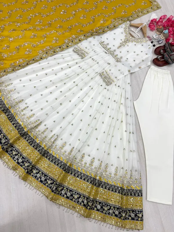 White_With_Mustard_Yellow_Dupatta_Cotton_Anarkali_Suit_Set_For_Women