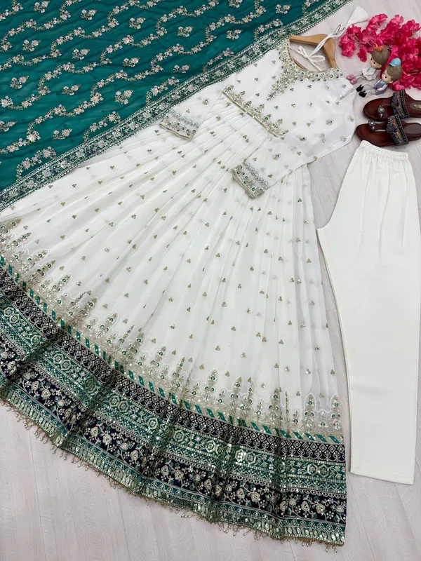 White_And_Green_Cotton_Anarkali_Suit_Set_For_Women