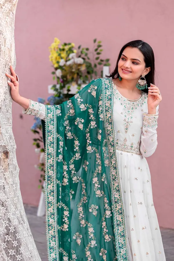 White_And_Green_Cotton_Anarkali_Suit_Set_For_Women