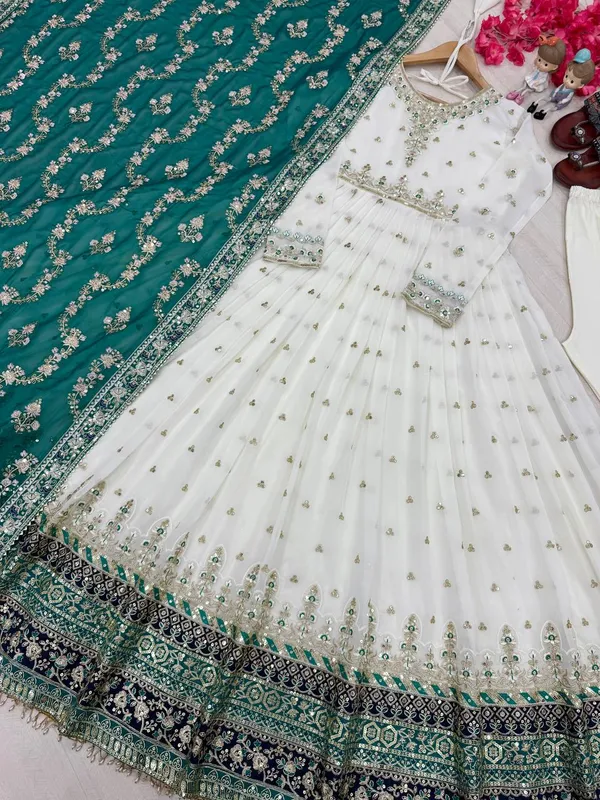 White_And_Green_Cotton_Anarkali_Suit_Set_For_Women