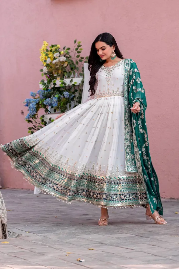 White_And_Green_Cotton_Anarkali_Suit_Set_For_Women