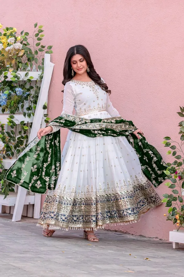 White_With_Black_Dupatta_Cotton_Anarkali_Suit_Set_For_Women