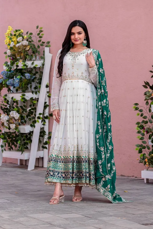 White_And_Green_Cotton_Anarkali_Suit_Set_For_Women