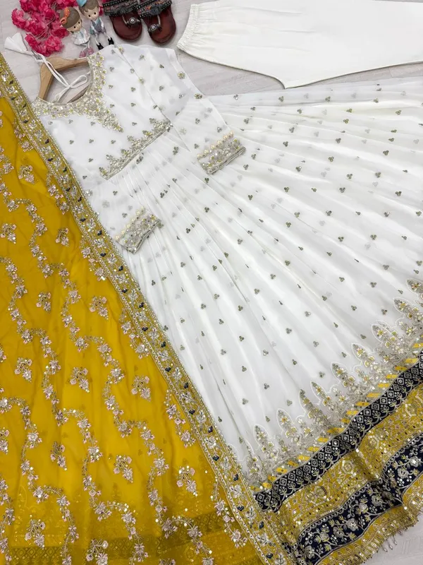 White_With_Mustard_Yellow_Dupatta_Cotton_Anarkali_Suit_Set_For_Women