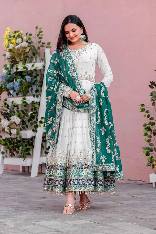 White_And_Green_Cotton_Anarkali_Suit_Set_For_Women