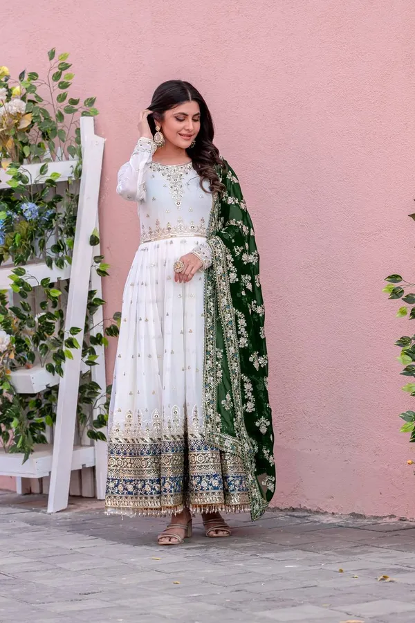 White_With_Black_Dupatta_Cotton_Anarkali_Suit_Set_For_Women