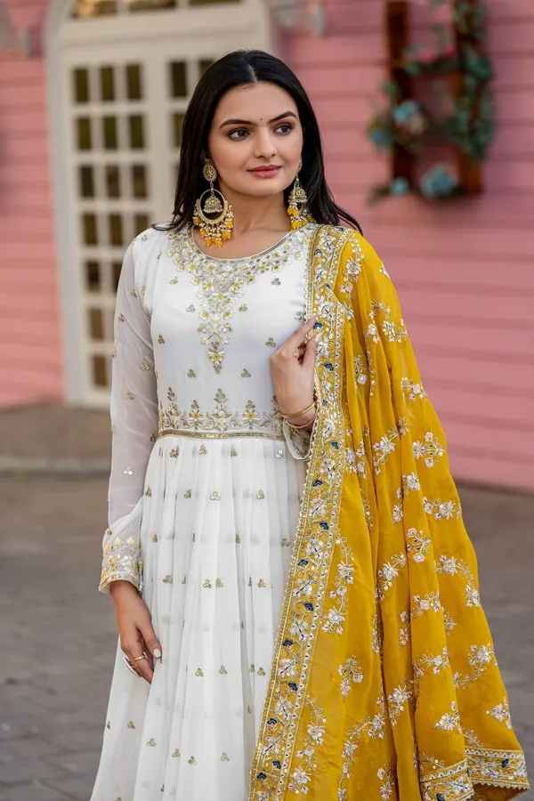 White_With_Mustard_Yellow_Dupatta_Cotton_Anarkali_Suit_Set_For_Women
