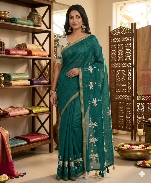 Green_Pure_Linen_Premium_And_Elegant_Saree_For_Women