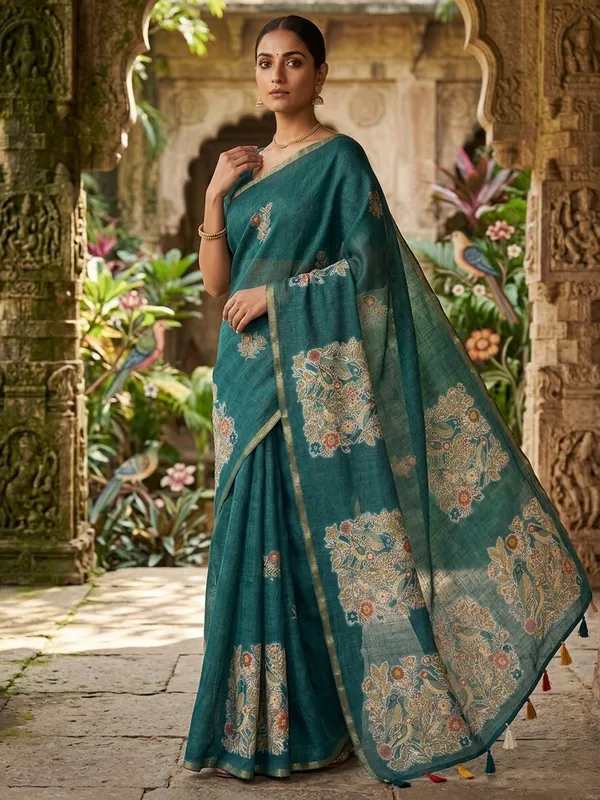 Teal_Pure_Linen_Premium_And_Elegant_Saree_For_Women