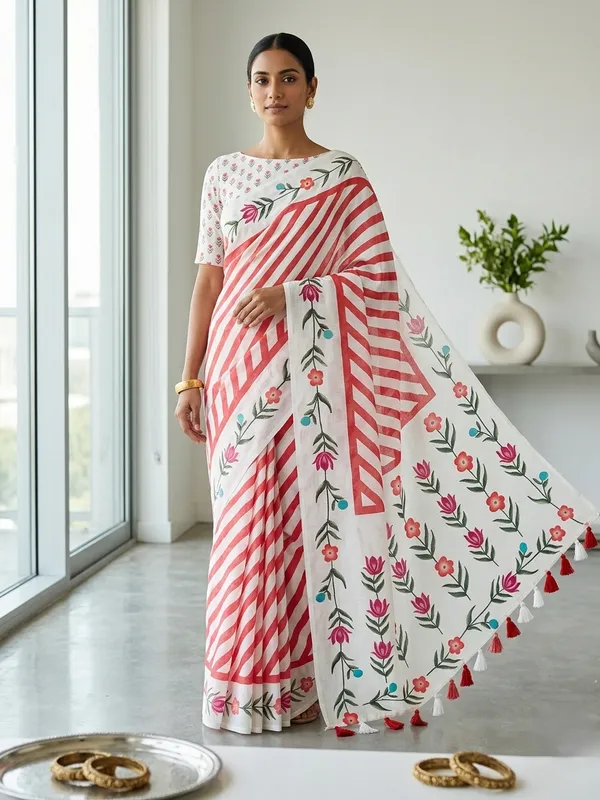 White_And_Red_Pure_Linen_Premium_And_Elegant_Saree_For_Women