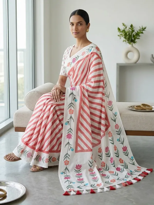 White_And_Red_Pure_Linen_Premium_And_Elegant_Saree_For_Women