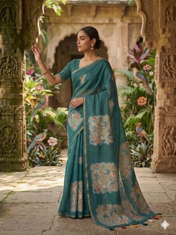 Teal_Pure_Linen_Premium_And_Elegant_Saree_For_Women