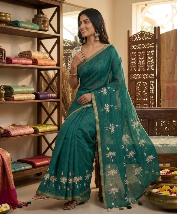 Green_Pure_Linen_Premium_And_Elegant_Saree_For_Women