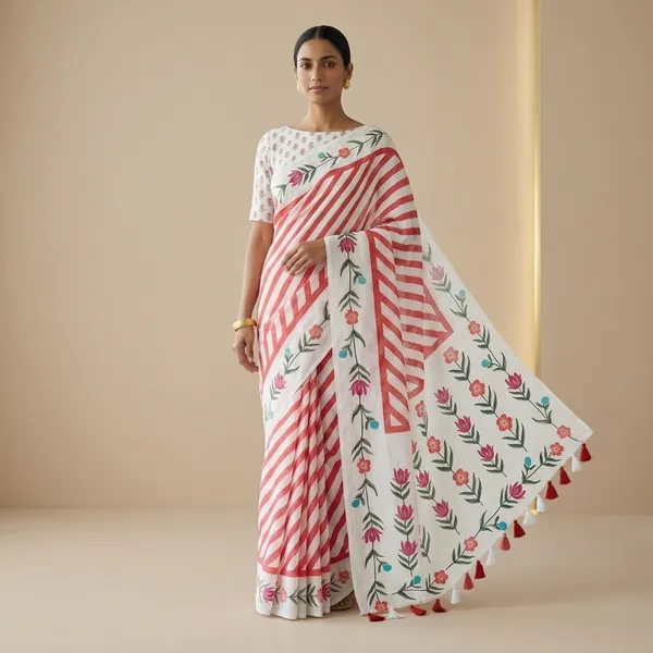 White_And_Red_Pure_Linen_Premium_And_Elegant_Saree_For_Women