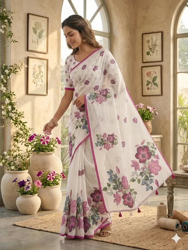 White_Pure_Linen_Premium_And_Elegant_Saree_For_Women