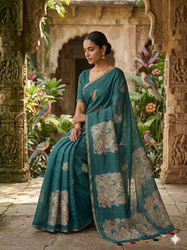 Teal_Pure_Linen_Premium_And_Elegant_Saree_For_Women