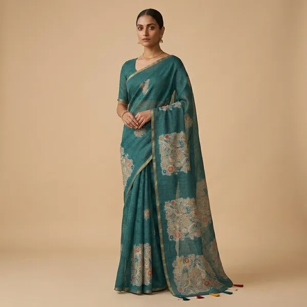 Teal_Pure_Linen_Premium_And_Elegant_Saree_For_Women