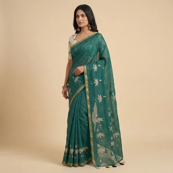 Green_Pure_Linen_Premium_And_Elegant_Saree_For_Women