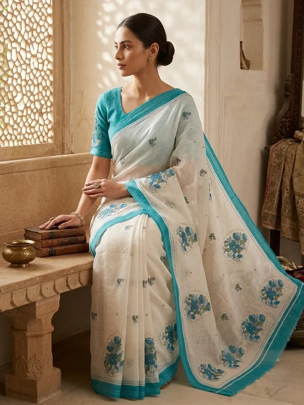 White_And_Blue_Pure_Linen_Premium_And_Elegant_Saree_For_Women