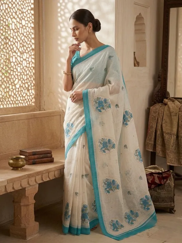 White_And_Blue_Pure_Linen_Premium_And_Elegant_Saree_For_Women